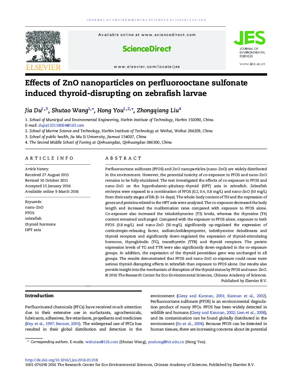 Effects of ZnO nanoparticles on perfluorooctane sulfonate induced thyroid-disrupting on zebrafish larvae