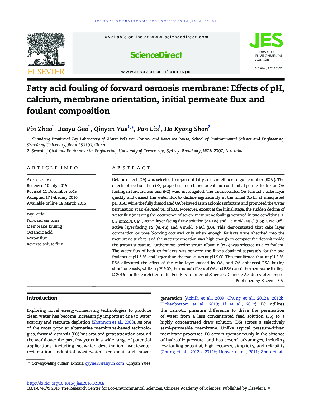 Fatty acid fouling of forward osmosis membrane: Effects of pH, calcium, membrane orientation, initial permeate flux and foulant composition