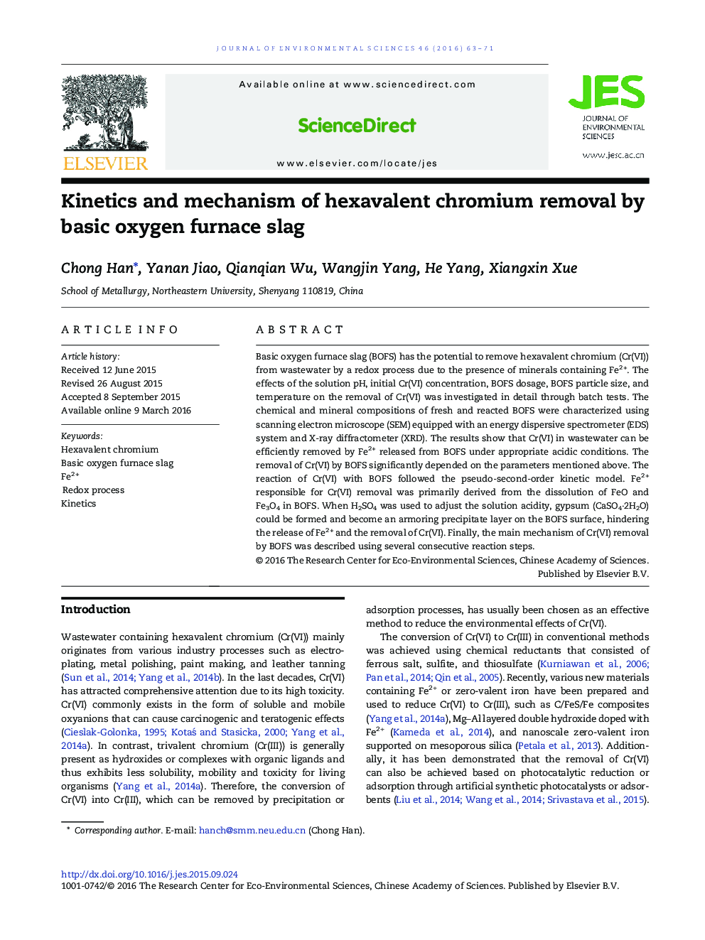 Kinetics and mechanism of hexavalent chromium removal by basic oxygen furnace slag