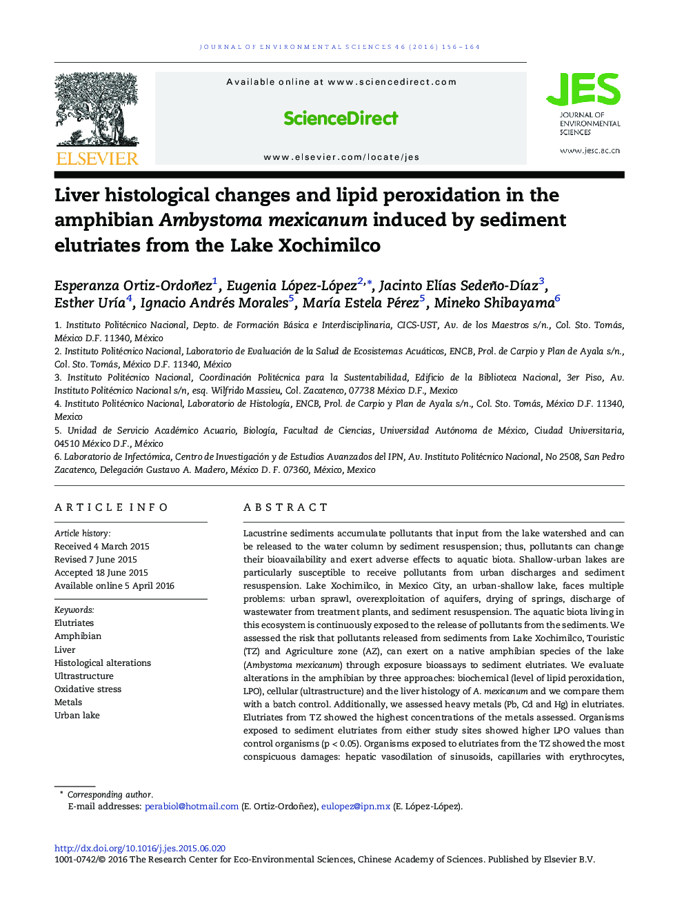 Liver histological changes and lipid peroxidation in the amphibian Ambystoma mexicanum induced by sediment elutriates from the Lake Xochimilco