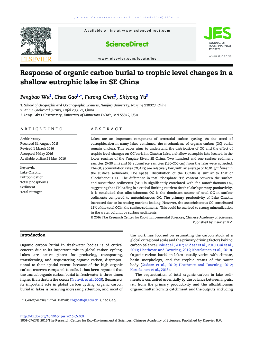 Response of organic carbon burial to trophic level changes in a shallow eutrophic lake in SE China