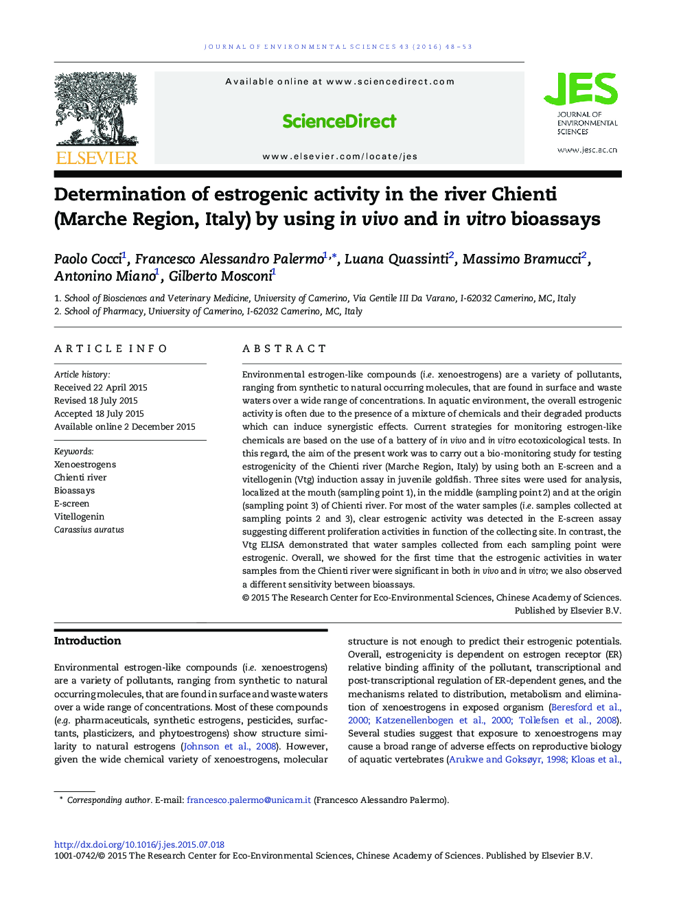 Determination of estrogenic activity in the river Chienti (Marche Region, Italy) by using in vivo and in vitro bioassays