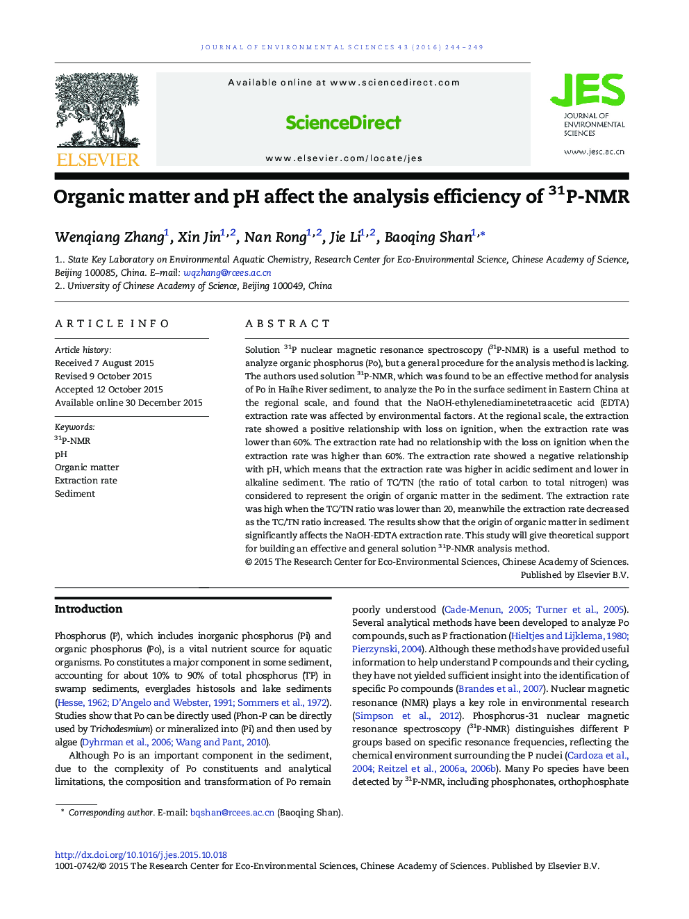 Organic matter and pH affect the analysis efficiency of 31P-NMR