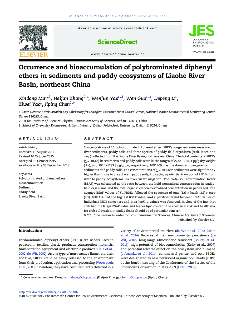 Occurrence and bioaccumulation of polybrominated diphenyl ethers in sediments and paddy ecosystems of Liaohe River Basin, northeast China