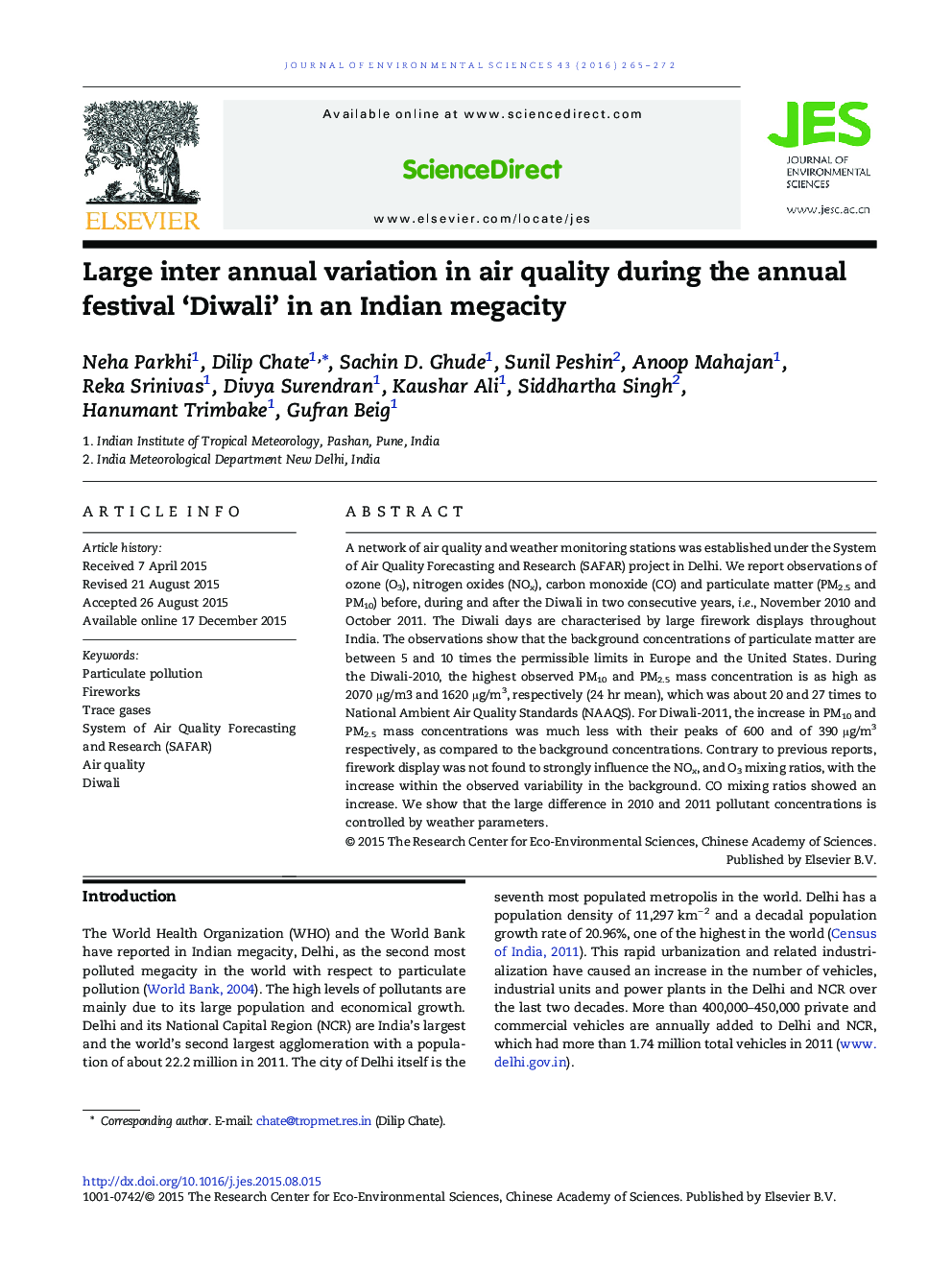 Large inter annual variation in air quality during the annual festival ‘Diwali’ in an Indian megacity