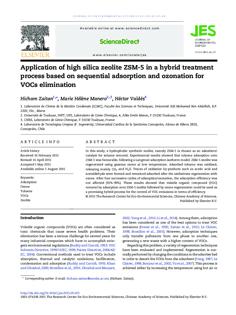 Application of high silica zeolite ZSM-5 in a hybrid treatment process based on sequential adsorption and ozonation for VOCs elimination