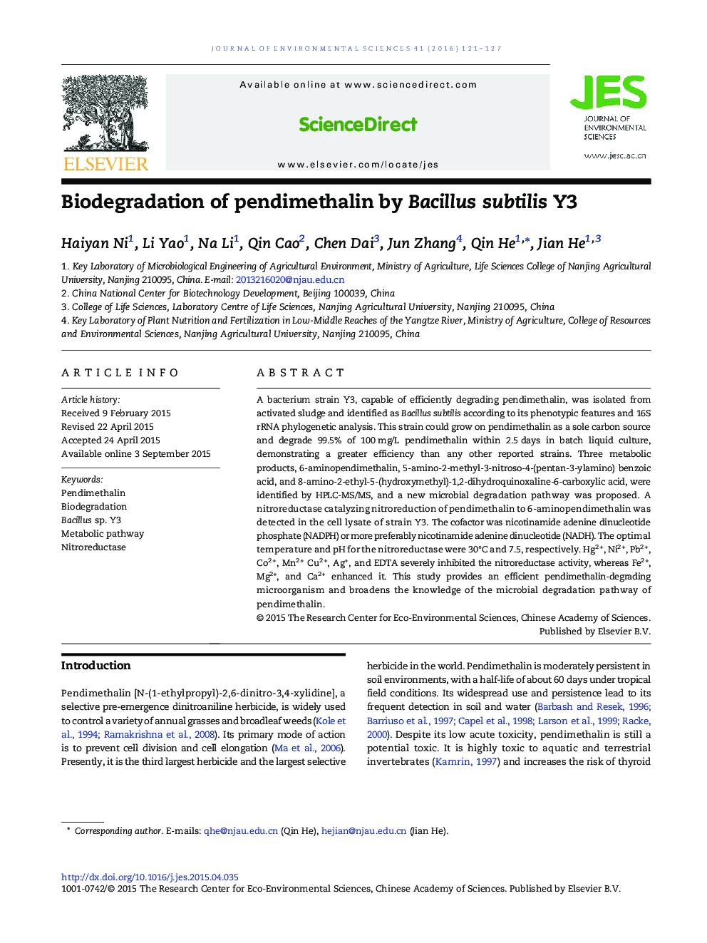 Biodegradation of pendimethalin by Bacillus subtilis Y3