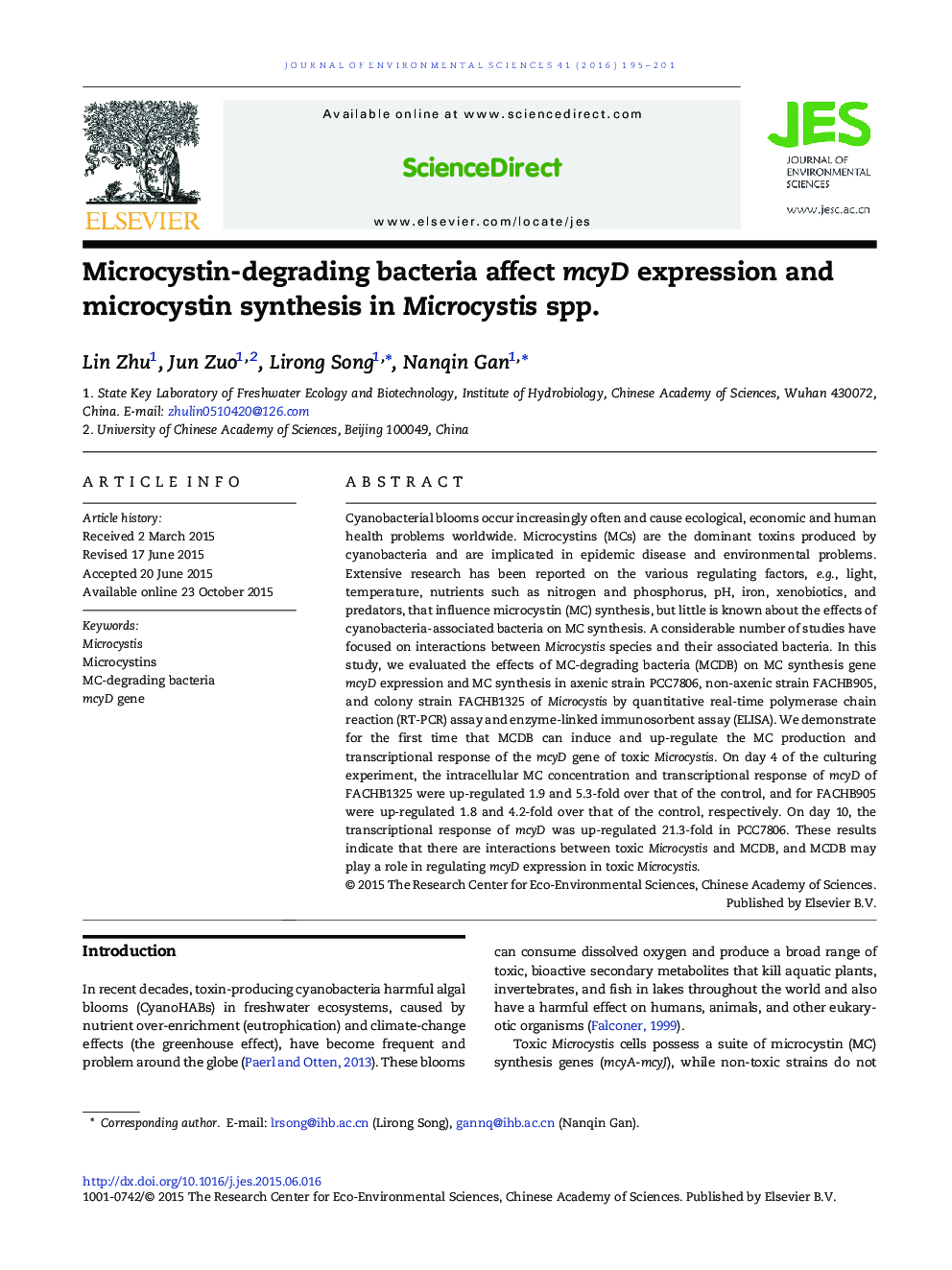 Microcystin-degrading bacteria affect mcyD expression and microcystin synthesis in Microcystis spp.