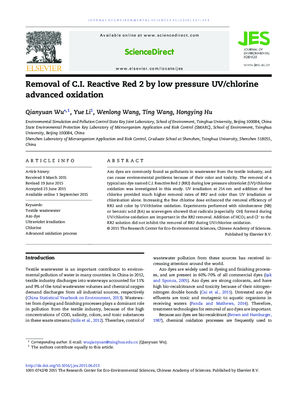 Removal of C.I. Reactive Red 2 by low pressure UV/chlorine advanced oxidation