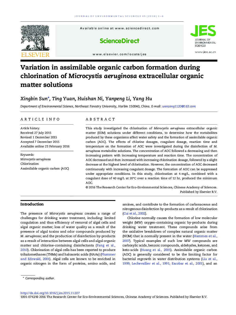 Variation in assimilable organic carbon formation during chlorination of Microcystis aeruginosa extracellular organic matter solutions