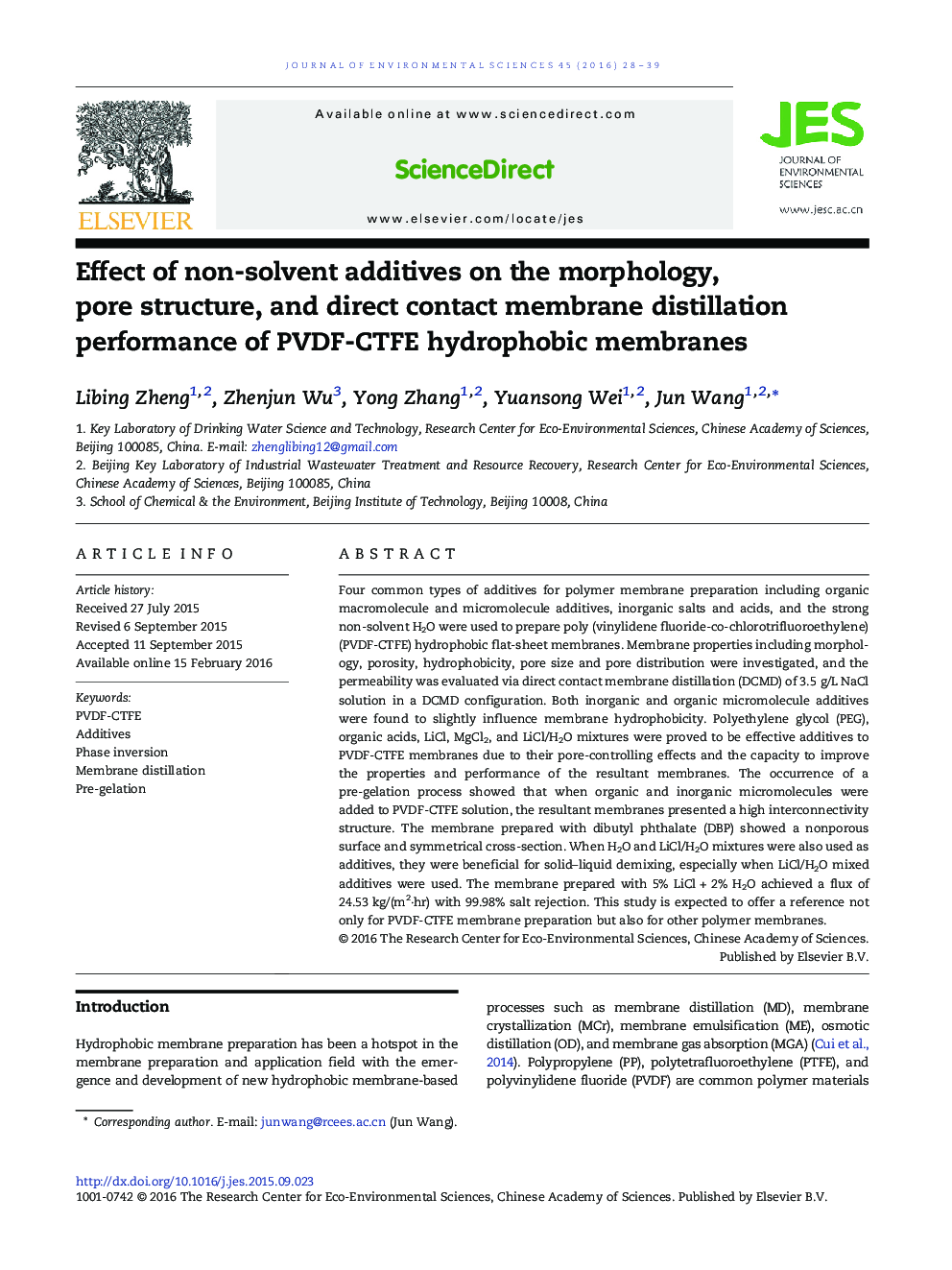 Effect of non-solvent additives on the morphology, pore structure, and direct contact membrane distillation performance of PVDF-CTFE hydrophobic membranes