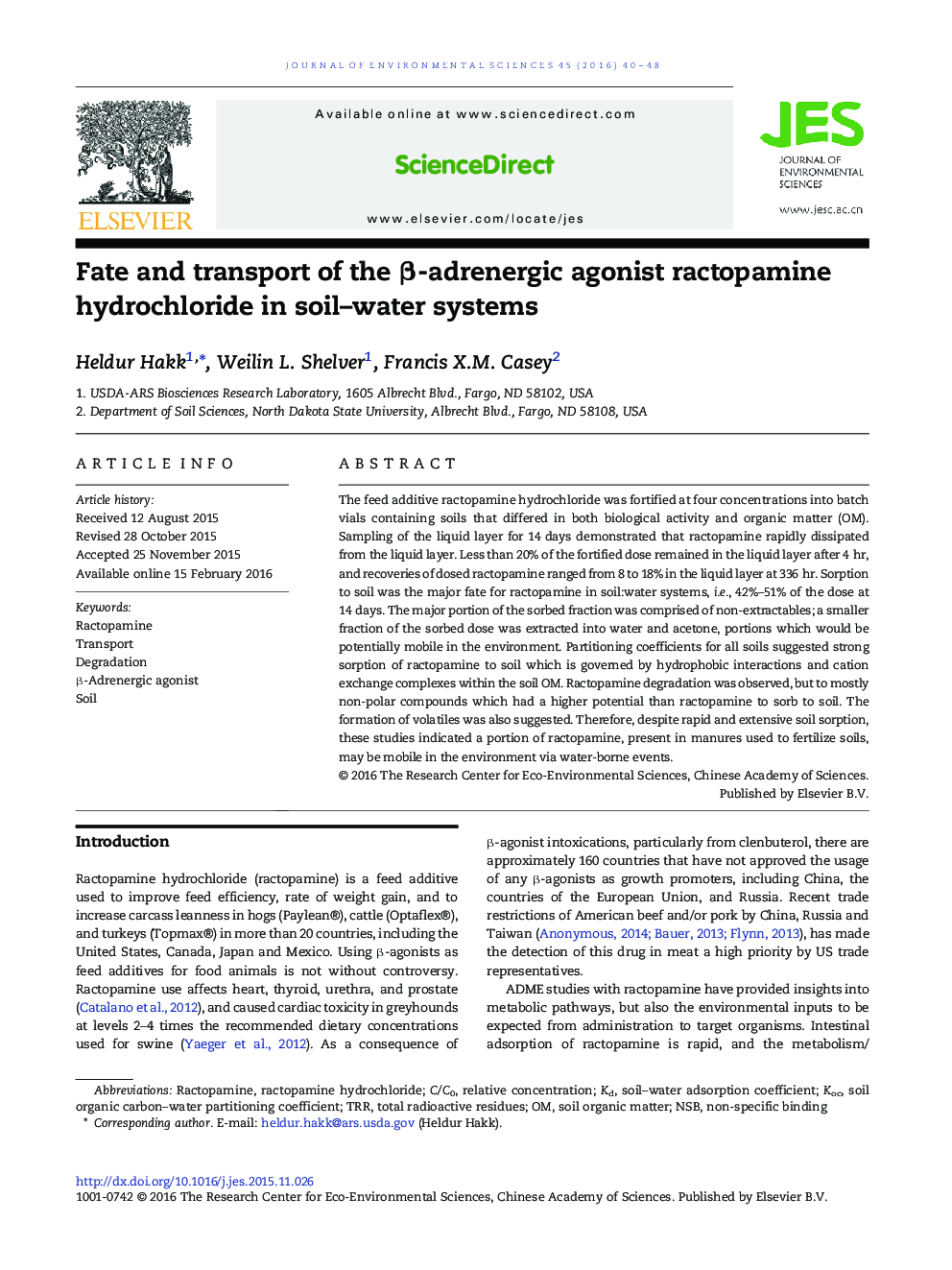 Fate and transport of the β-adrenergic agonist ractopamine hydrochloride in soil–water systems