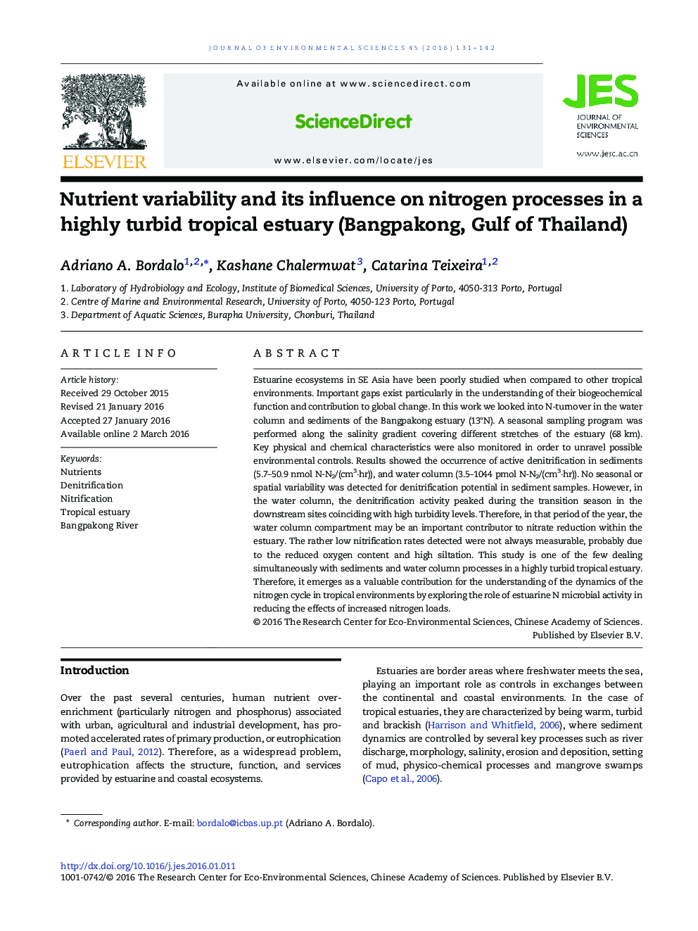 Nutrient variability and its influence on nitrogen processes in a highly turbid tropical estuary (Bangpakong, Gulf of Thailand)