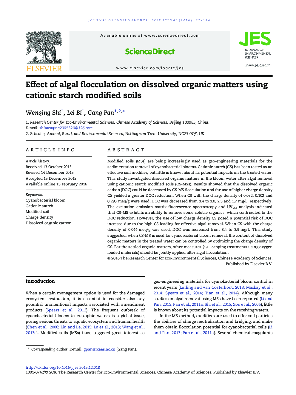 Effect of algal flocculation on dissolved organic matters using cationic starch modified soils