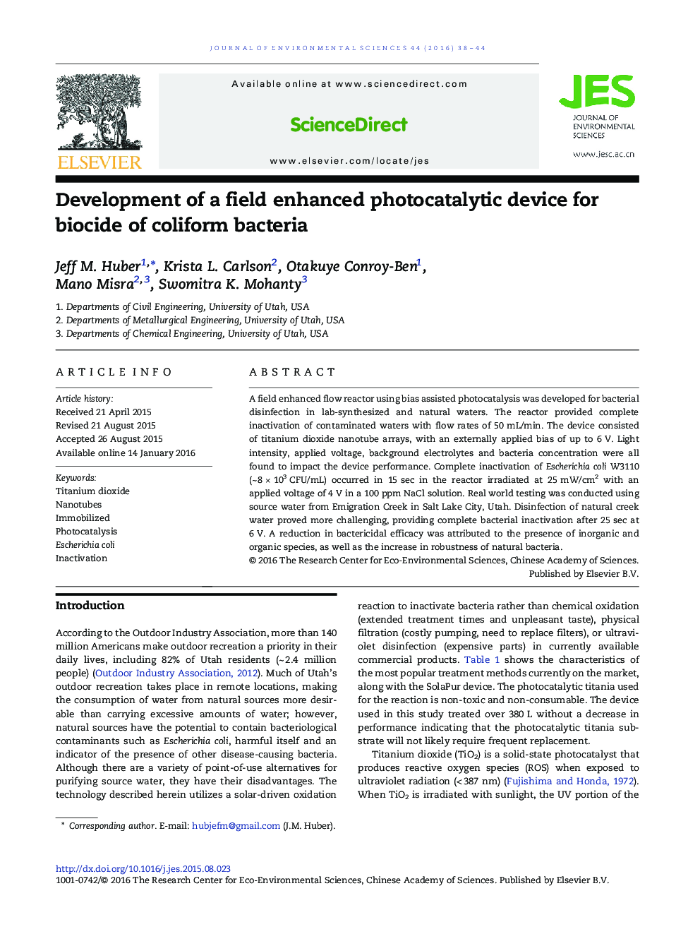 Development of a field enhanced photocatalytic device for biocide of coliform bacteria