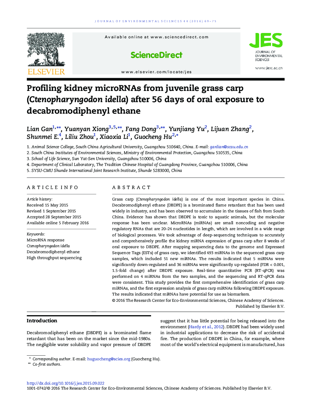 Profiling kidney microRNAs from juvenile grass carp (Ctenopharyngodon idella) after 56 days of oral exposure to decabromodiphenyl ethane