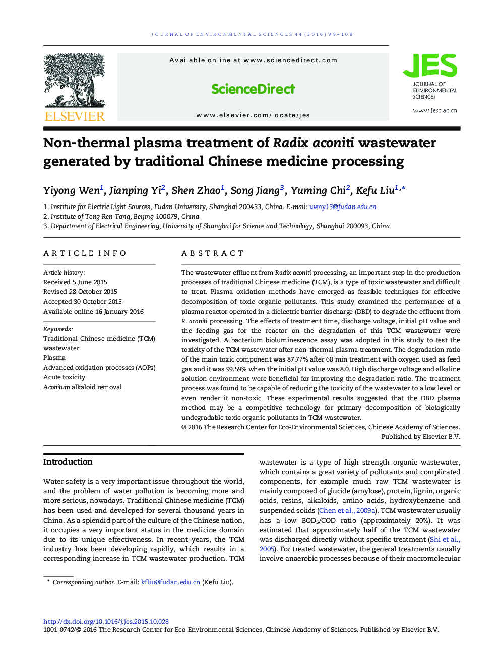 Non-thermal plasma treatment of Radix aconiti wastewater generated by traditional Chinese medicine processing