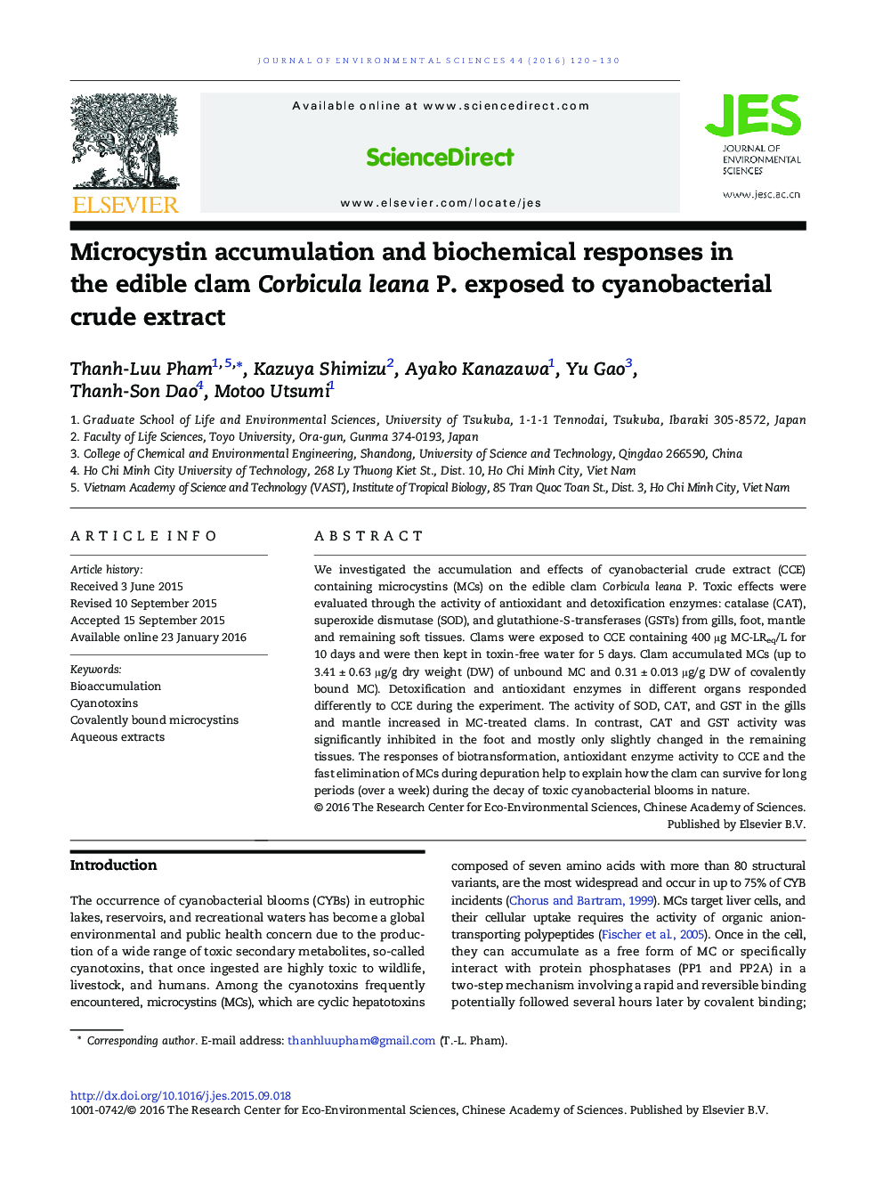 Microcystin accumulation and biochemical responses in the edible clam Corbiculaleana P. exposed to cyanobacterial crude extract