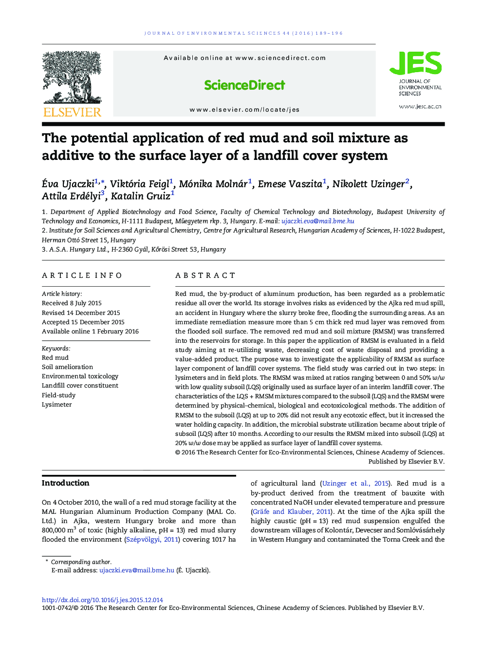 The potential application of red mud and soil mixture as additive to the surface layer of a landfill cover system