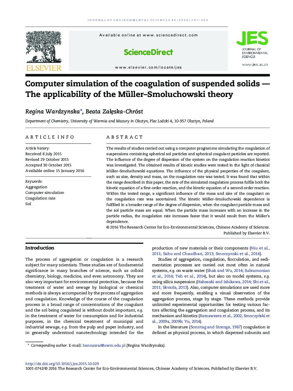 Computer simulation of the coagulation of suspended solids — The applicability of the Müller–Smoluchowski theory