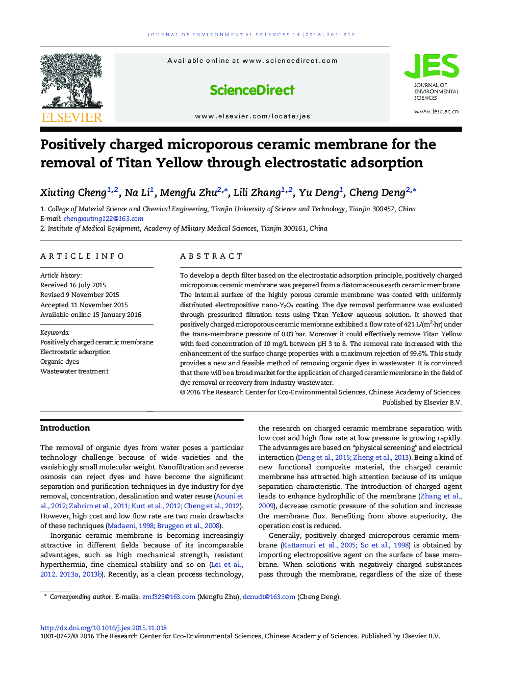 Positively charged microporous ceramic membrane for the removal of Titan Yellow through electrostatic adsorption