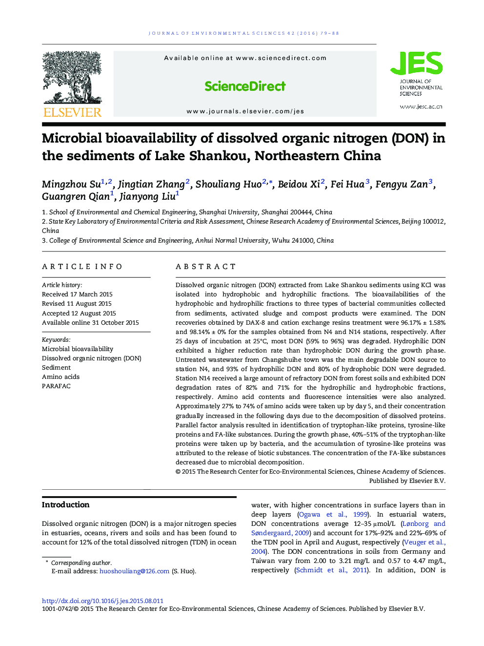 Microbial bioavailability of dissolved organic nitrogen (DON) in the sediments of Lake Shankou, Northeastern China