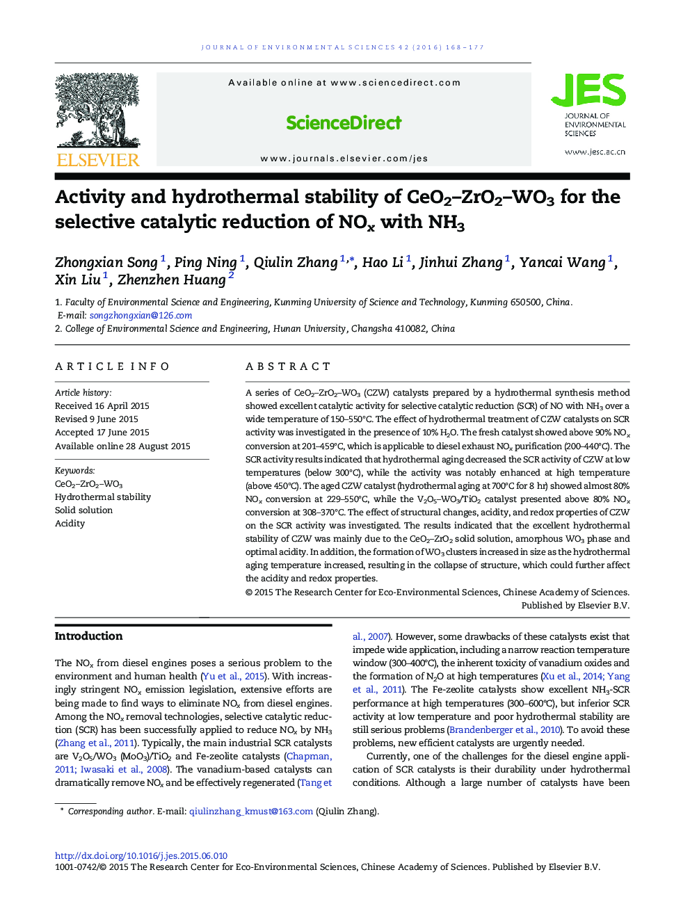 Activity and hydrothermal stability of CeO2–ZrO2–WO3 for the selective catalytic reduction of NOx with NH3