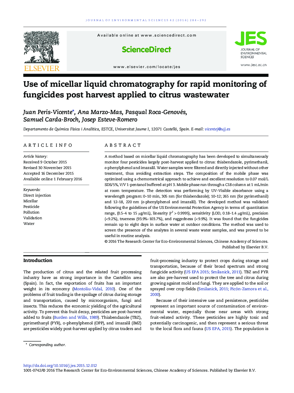 Use of micellar liquid chromatography for rapid monitoring of fungicides post harvest applied to citrus wastewater