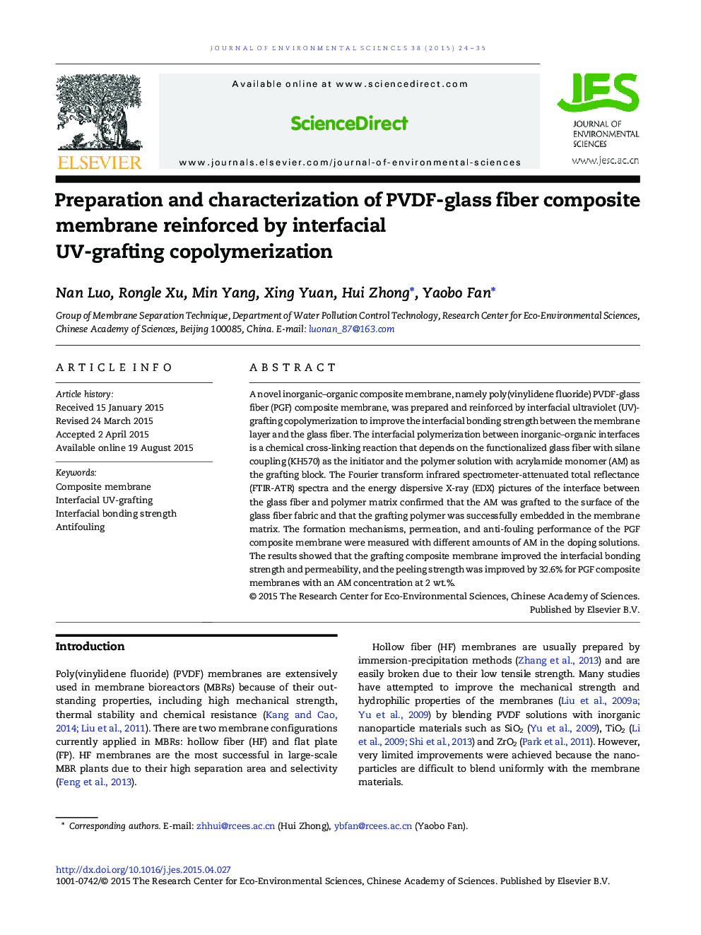 Preparation and characterization of PVDF-glass fiber composite membrane reinforced by interfacial UV-grafting copolymerization