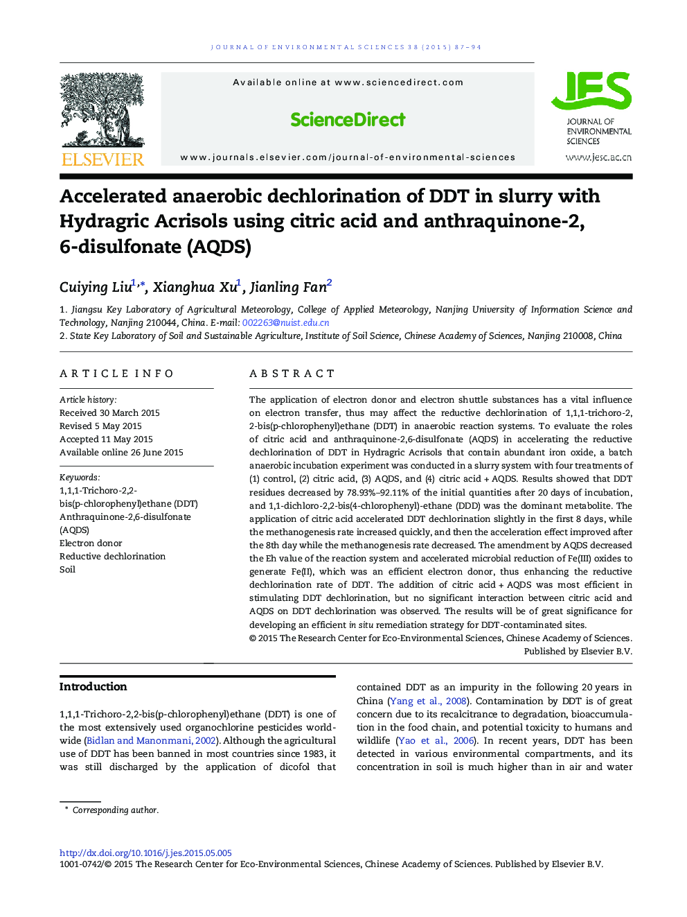 Accelerated anaerobic dechlorination of DDT in slurry with Hydragric Acrisols using citric acid and anthraquinone-2,6-disulfonate (AQDS)