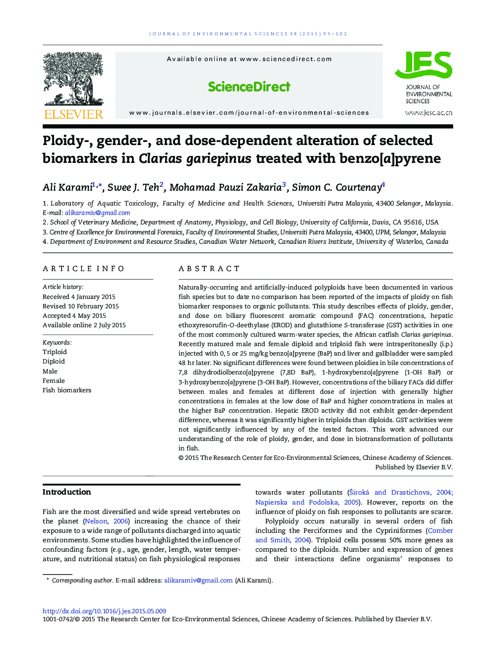 Ploidy-, gender-, and dose-dependent alteration of selected biomarkers in Clarias gariepinus treated with benzo[a]pyrene