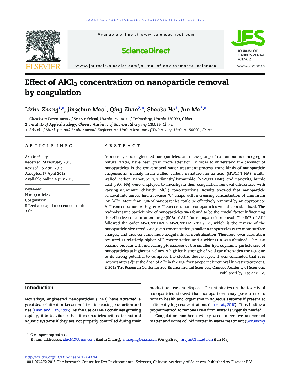 Effect of AlCl3 concentration on nanoparticle removal by coagulation