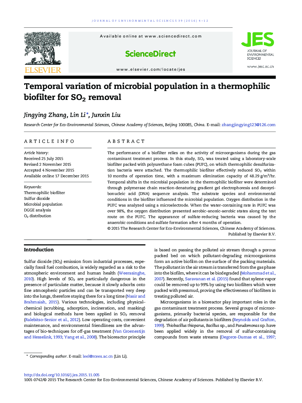 Temporal variation of microbial population in a thermophilic biofilter for SO2 removal