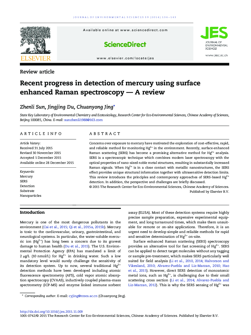 Recent progress in detection of mercury using surface enhanced Raman spectroscopy — A review