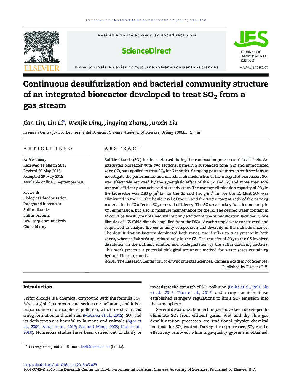 Continuous desulfurization and bacterial community structure of an integrated bioreactor developed to treat SO2 from a gas stream