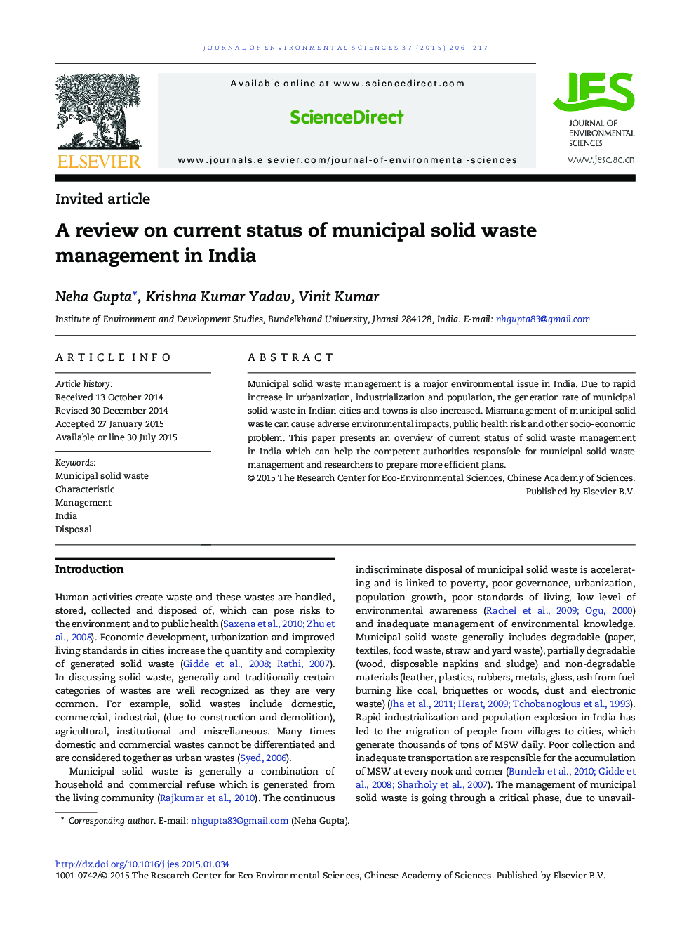 A review on current status of municipal solid waste management in India