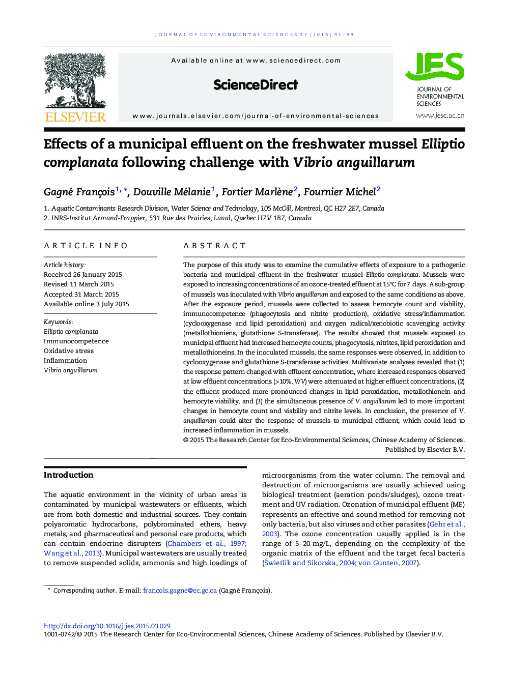 Effects of a municipal effluent on the freshwater mussel Elliptio complanata following challenge with Vibrio anguillarum