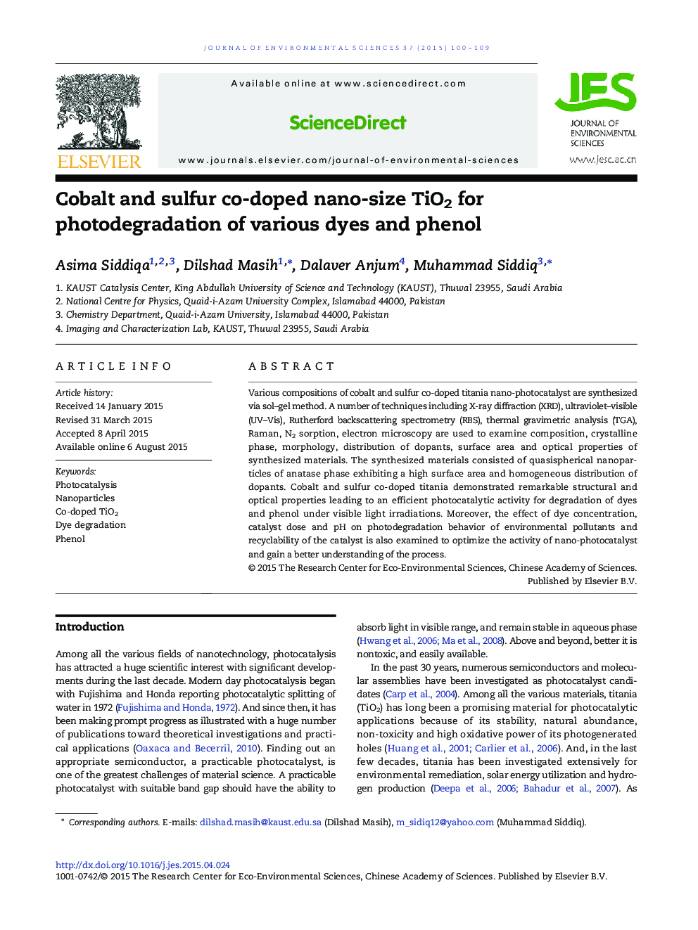 Cobalt and sulfur co-doped nano-size TiO2 for photodegradation of various dyes and phenol