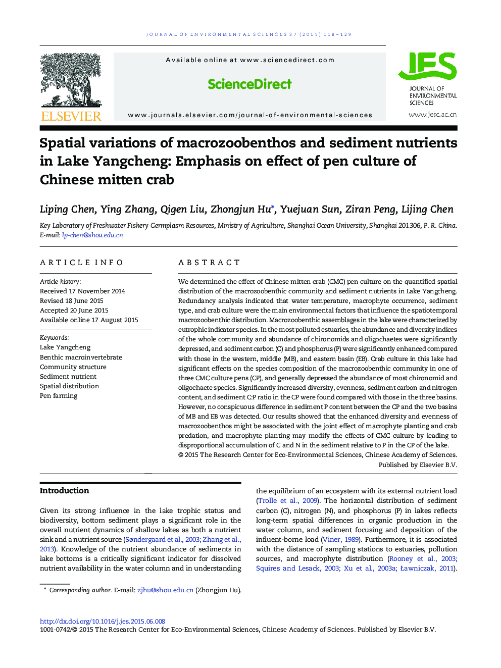 Spatial variations of macrozoobenthos and sediment nutrients in Lake Yangcheng: Emphasis on effect of pen culture of Chinese mitten crab