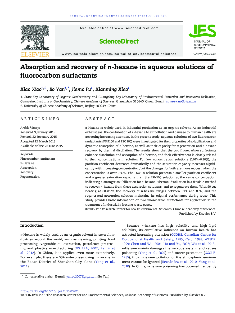 Absorption and recovery of n-hexane in aqueous solutions of fluorocarbon surfactants