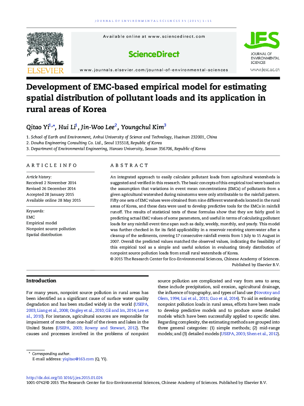 Development of EMC-based empirical model for estimating spatial distribution of pollutant loads and its application in rural areas of Korea