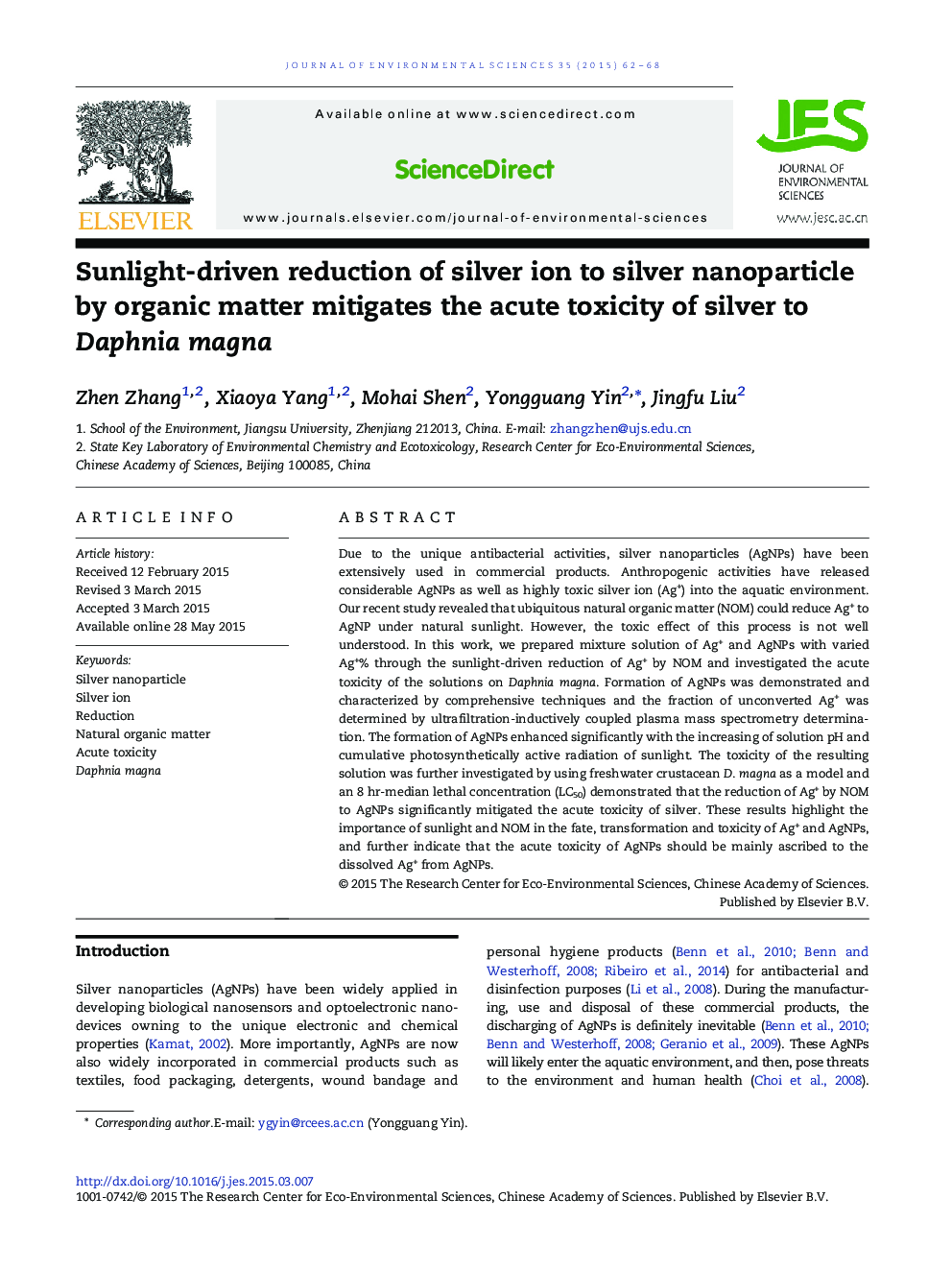 Sunlight-driven reduction of silver ion to silver nanoparticle by organic matter mitigates the acute toxicity of silver to Daphnia magna