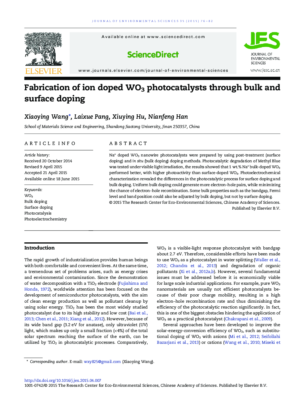 Fabrication of ion doped WO3 photocatalysts through bulk and surface doping