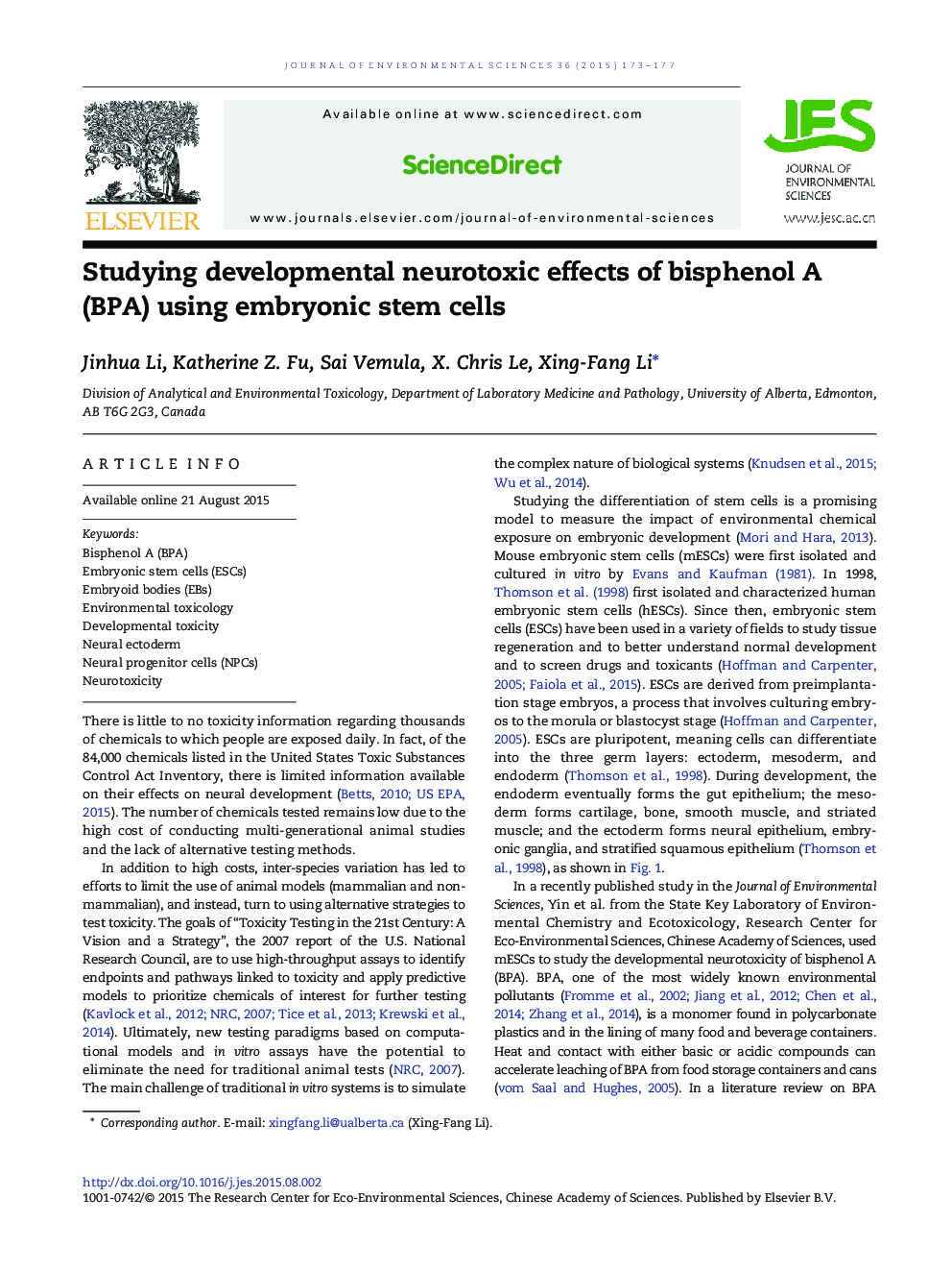 Studying developmental neurotoxic effects of bisphenol A (BPA) using embryonic stem cells