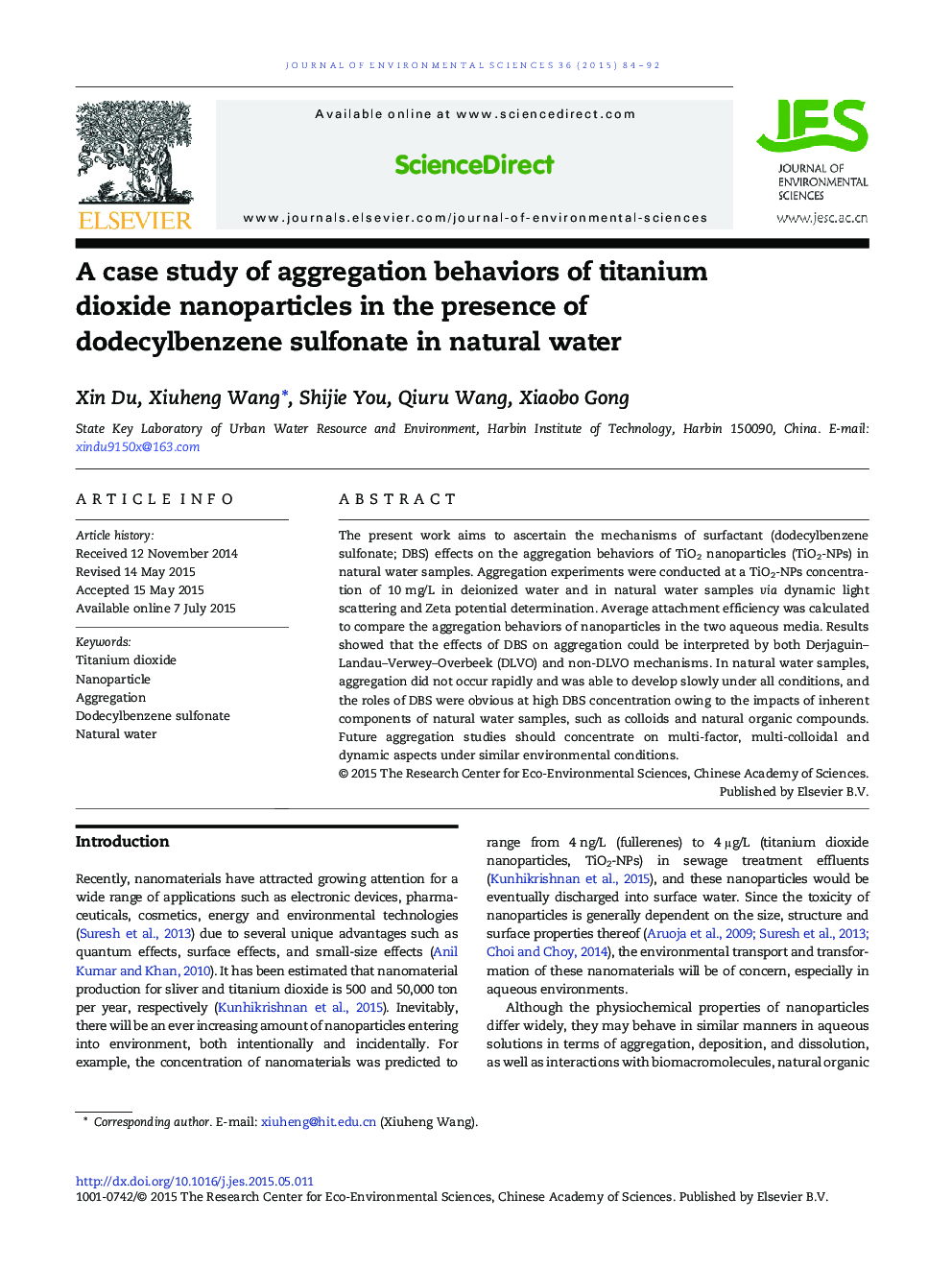 A case study of aggregation behaviors of titanium dioxide nanoparticles in the presence of dodecylbenzene sulfonate in natural water