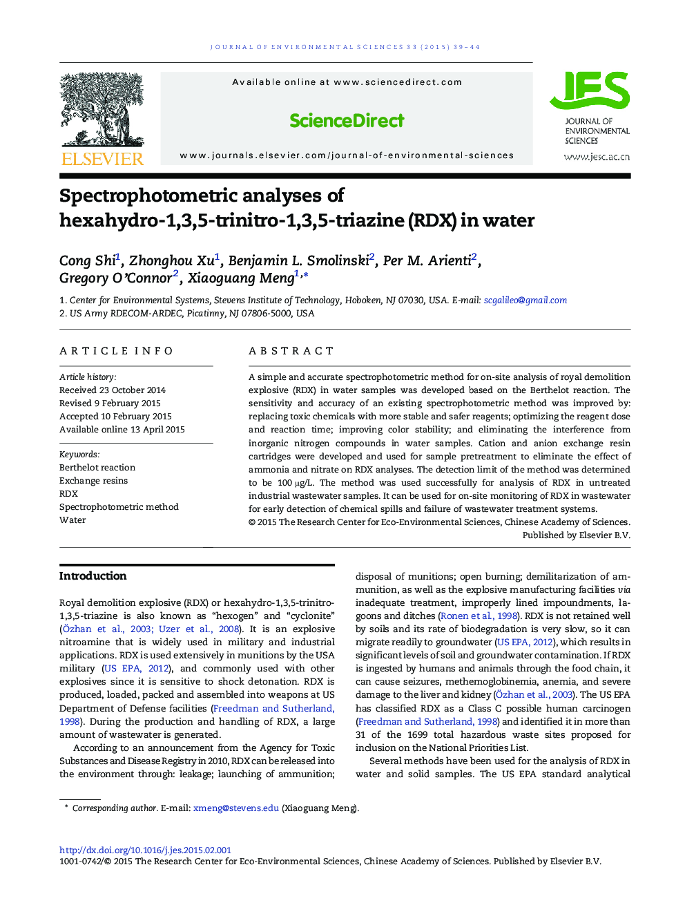 Spectrophotometric analyses of hexahydro-1,3,5-trinitro-1,3,5-triazine (RDX) in water