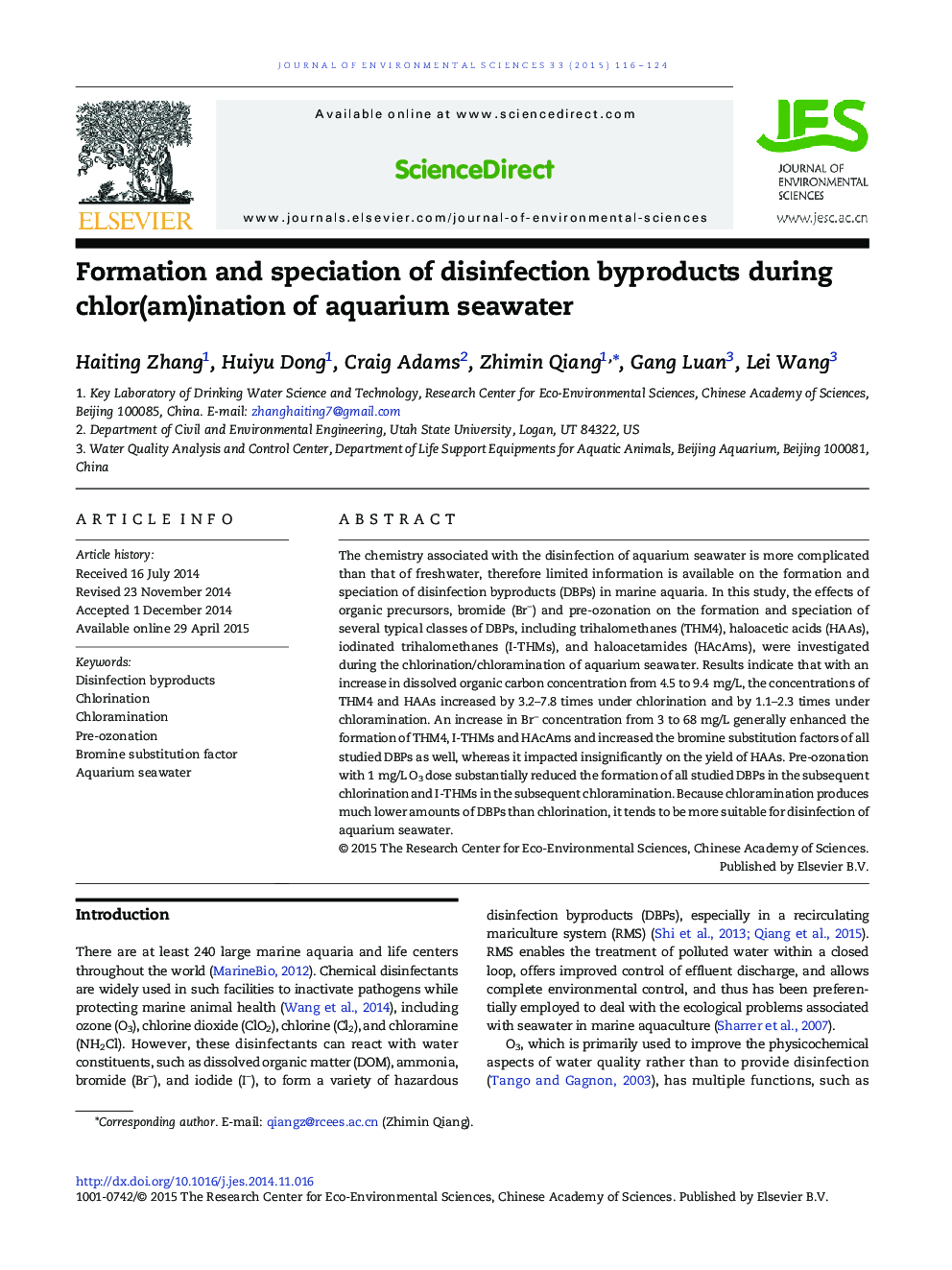 Formation and speciation of disinfection byproducts during chlor(am)ination of aquarium seawater