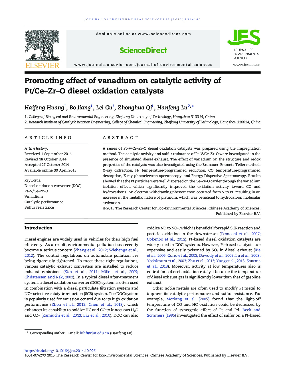 Promoting effect of vanadium on catalytic activity of Pt/Ce–Zr–O diesel oxidation catalysts