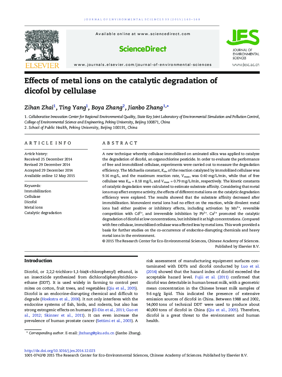 Effects of metal ions on the catalytic degradation of dicofol by cellulase