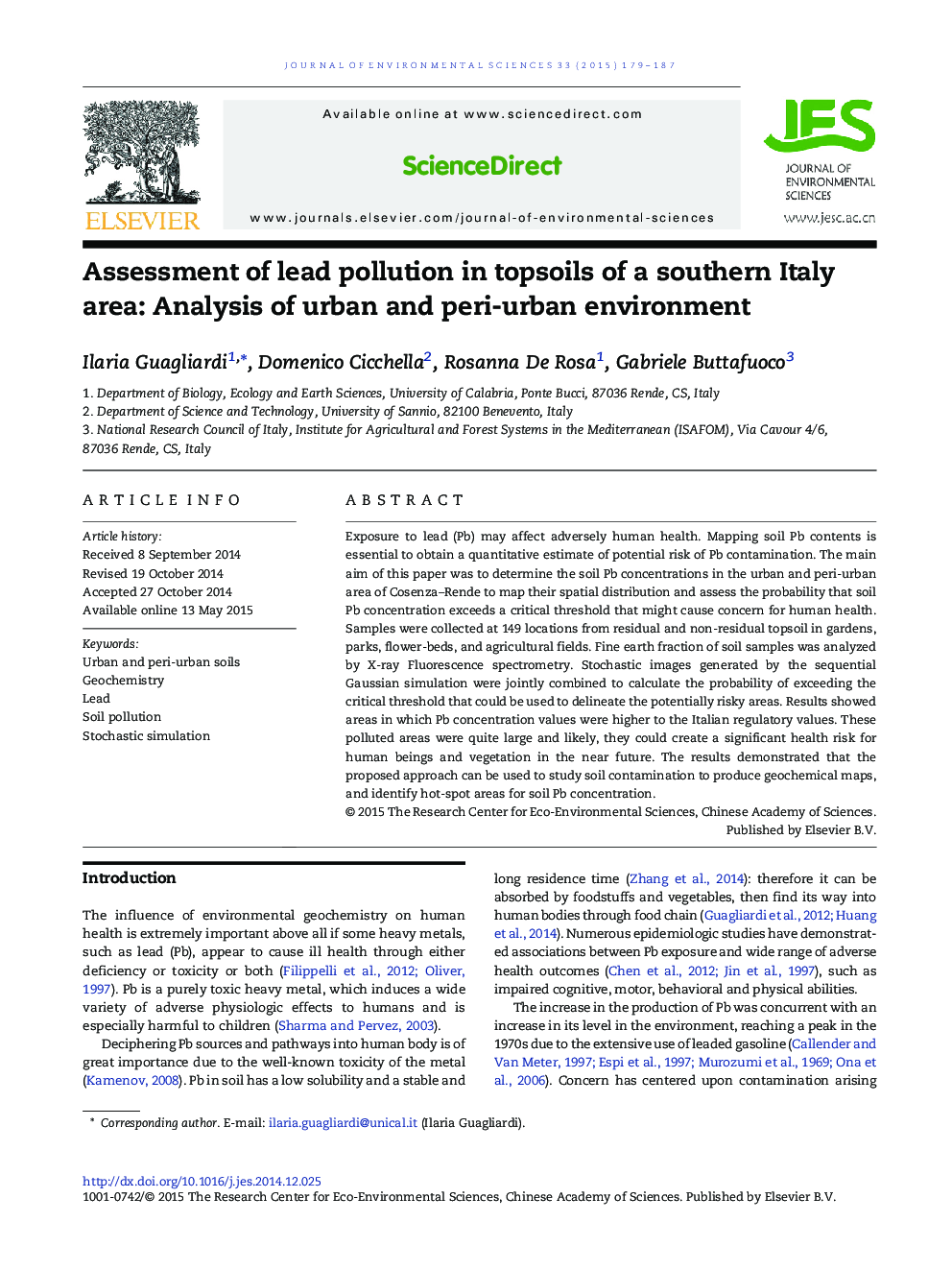 ارزیابی آلودگی سرب در خاک های فوقانی منطقه ی جنوبی ایتالیا: تجزیه و تحلیل محیط شهری و محیط پیرامونی 